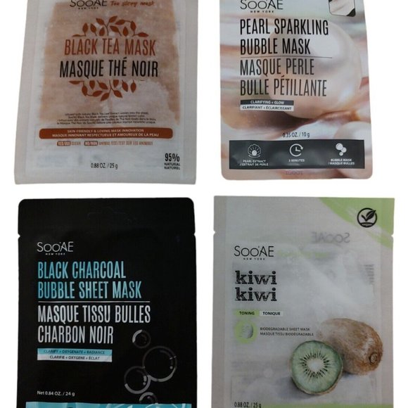 Lot of 4 SooAE New York Facial Masks Tea Charcoal Kiwi Pearl Sparkling Bubble - Picture 1 of 11